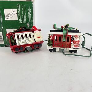 Lot Of 2 Noma White Cable Car Lighted Wood Christmas Ornament Vintage